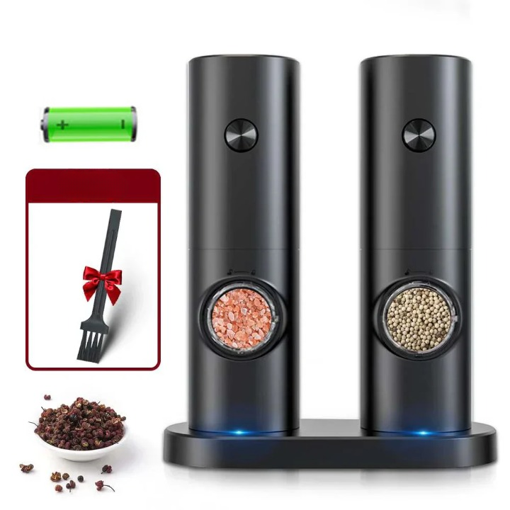 Electric Pepper and Salt Mill Set - SpiceLite-Black with base-Nora Luxe