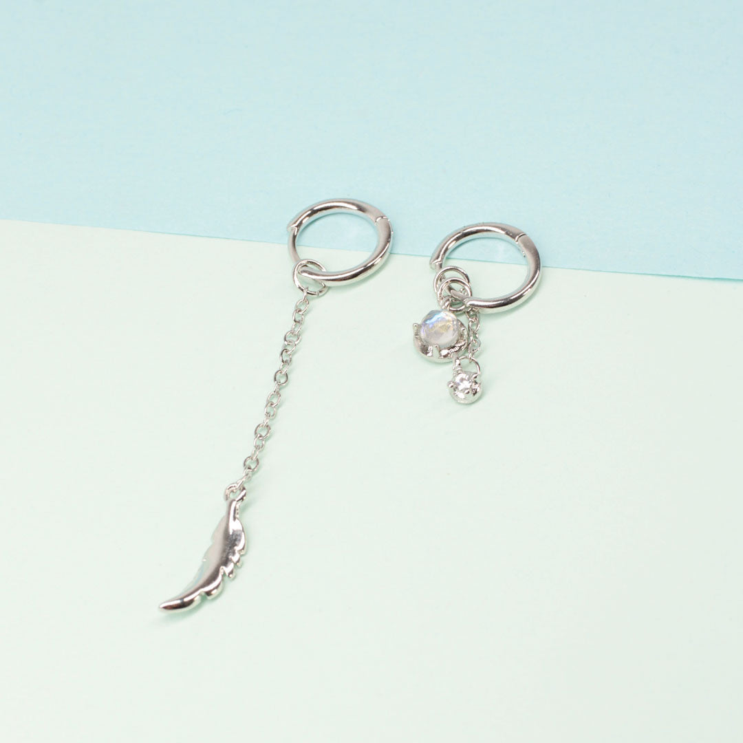 Elegant Asymmetric Feather Earrings | Sterling Silver Moonstone Jewellery-Nora Luxe