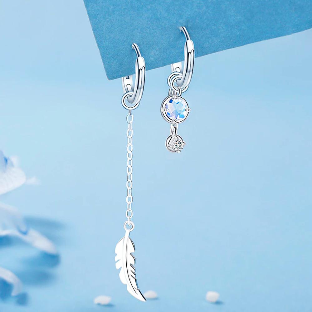 Elegant Asymmetric Feather Earrings | Sterling Silver Moonstone Jewellery-Nora Luxe