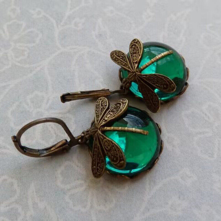 Elegant Dragonfly Moonstone Drop Earrings-GREEN-Nora Luxe