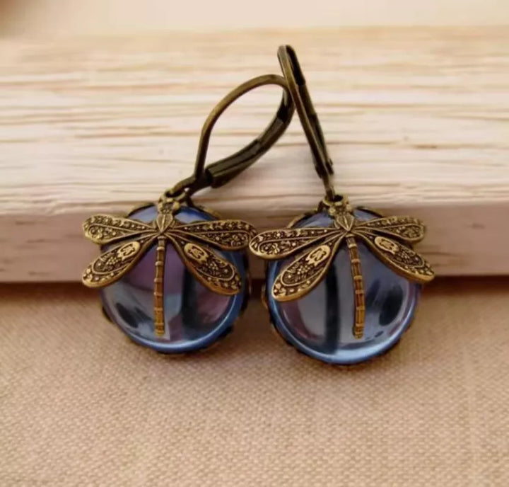 Elegant Dragonfly Moonstone Drop Earrings-NAVY BLUE-Nora Luxe