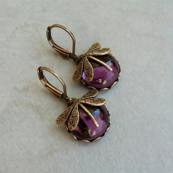 Elegant Dragonfly Moonstone Drop Earrings-PURPLE-Nora Luxe