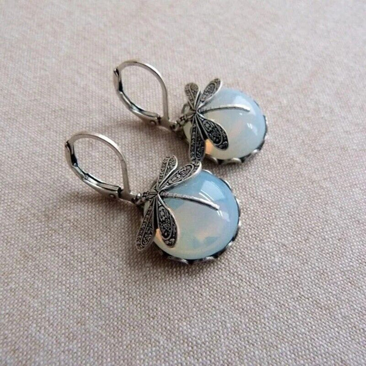Elegant Dragonfly Moonstone Drop Earrings-SILVER WHITE-Nora Luxe