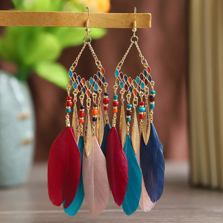 Elegant Feather Earrings | Long Dangle Jewellery for Women-Assorted color-Nora Luxe