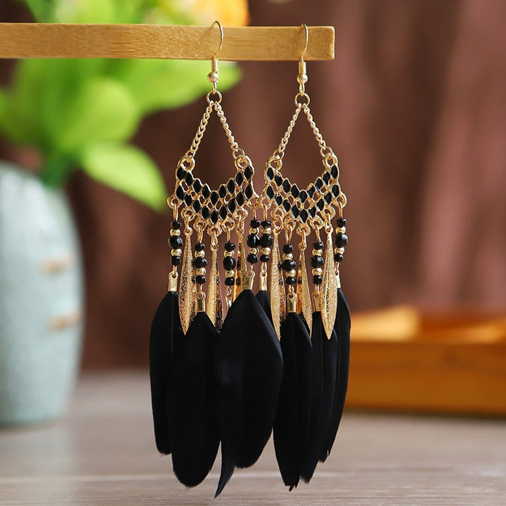 Elegant Feather Earrings | Long Dangle Jewellery for Women-Diamond black-Nora Luxe