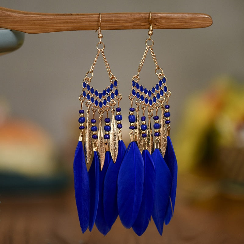 Elegant Feather Earrings | Long Dangle Jewellery for Women-Navy blue-Nora Luxe