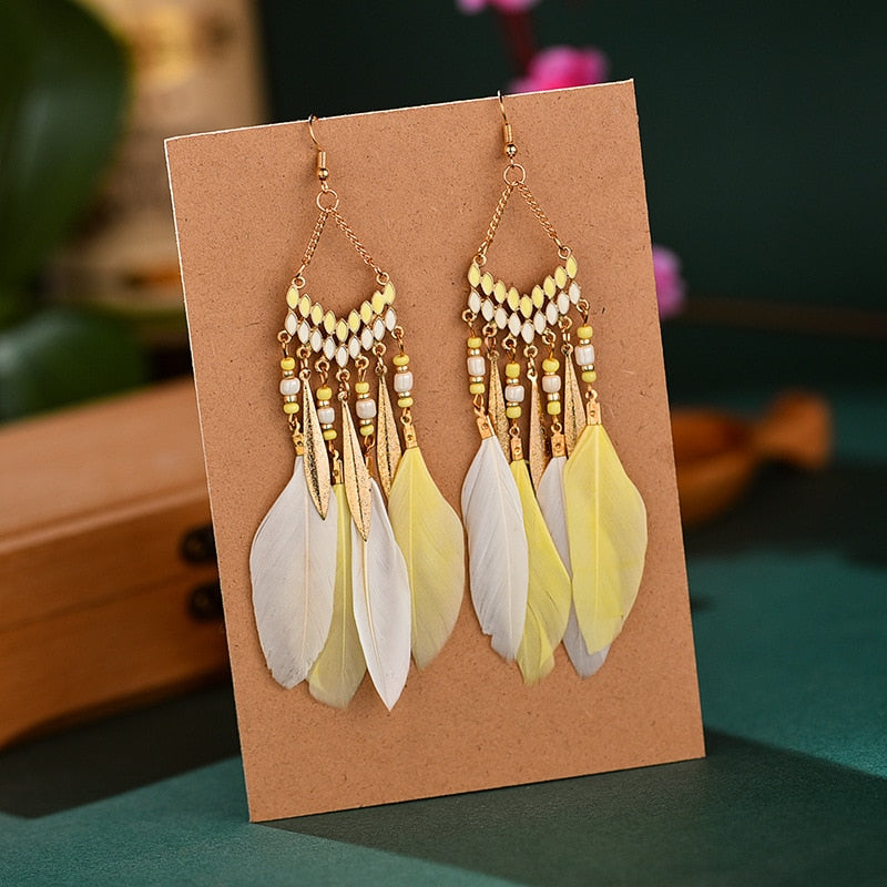 Elegant Feather Earrings | Long Dangle Jewellery for Women-White yellow-Nora Luxe
