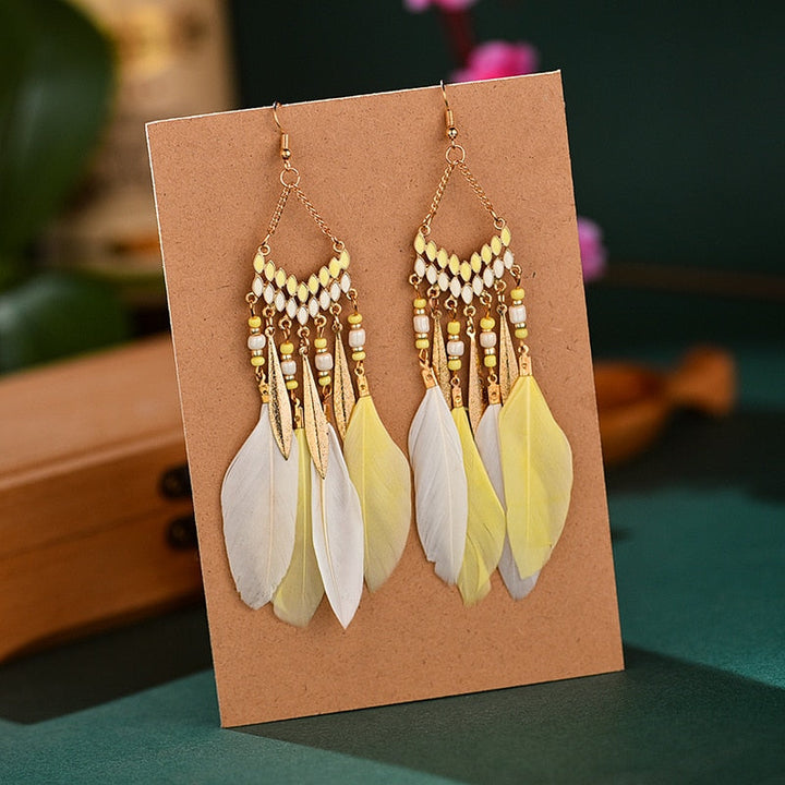 Elegant Feather Earrings | Long Dangle Jewellery for Women-White yellow-Nora Luxe