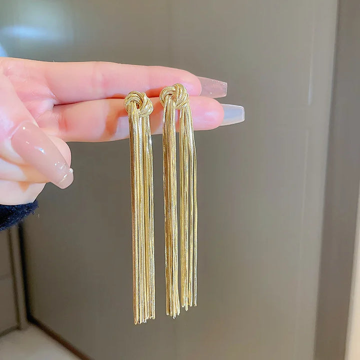 Elegant Knot Long Tassel Earrings-GOLD-Nora Luxe