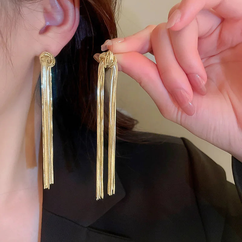 Elegant Knot Long Tassel Earrings-GOLD-Nora Luxe