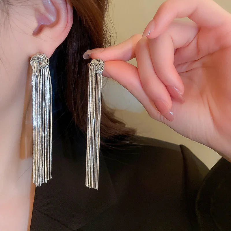 Elegant Knot Long Tassel Earrings-SILVER-Nora Luxe