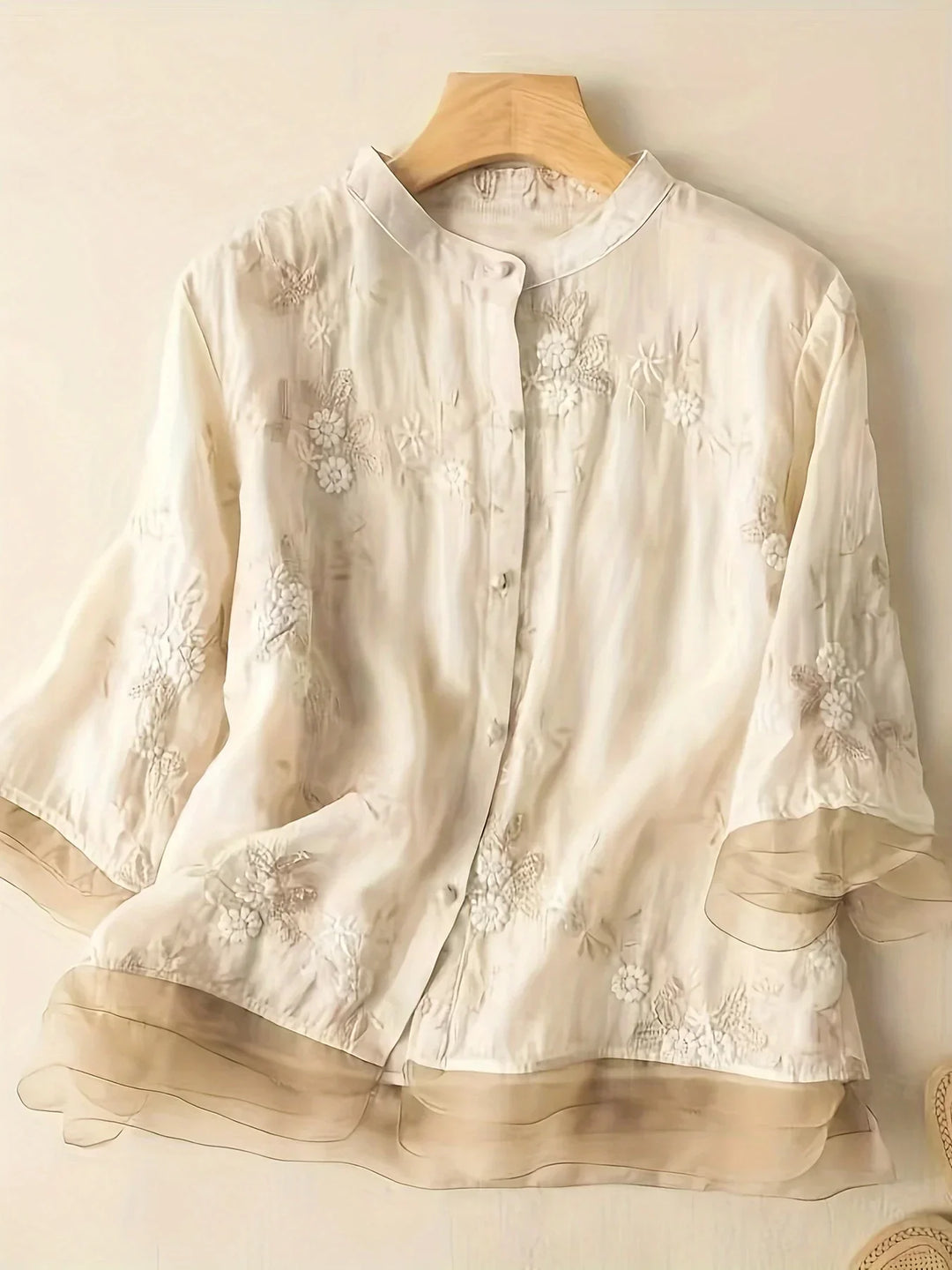 Embroidered Floral Blouse | Eliza | Button Closure | Fashionable-M-Apricot-Nora Luxe