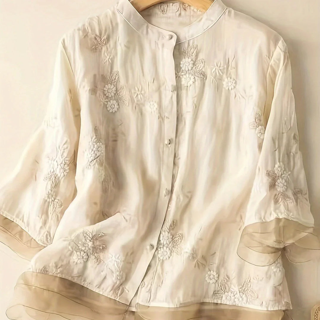 Embroidered Floral Blouse | Eliza | Button Closure | Fashionable-M-Apricot-Nora Luxe