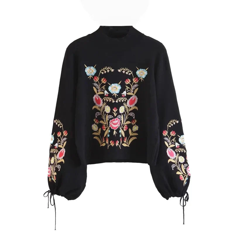 Embroidered Flowers Sweater - Alina-Black-XS-Nora Luxe