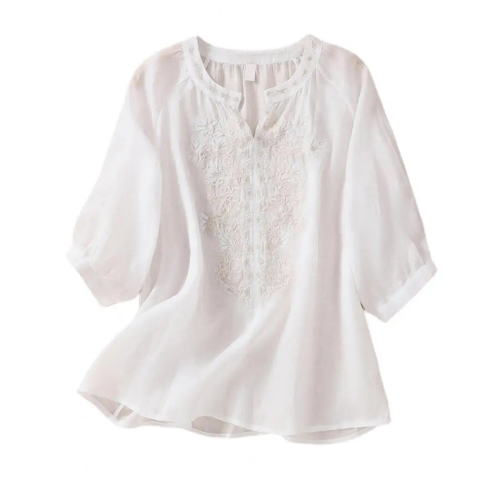 Embroidered Ladies' Cotton Summer Blouse – Ysolde-White-S-State of Style