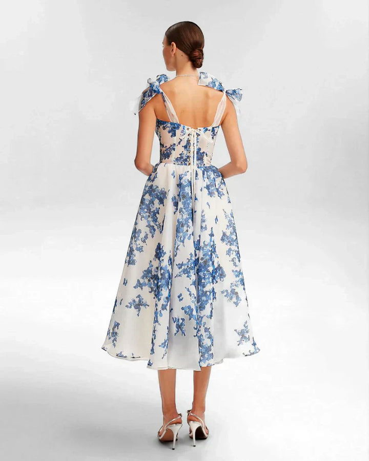 Enchanting Blue Flower Dress - Luna-White with Blue-S-Nora Luxe