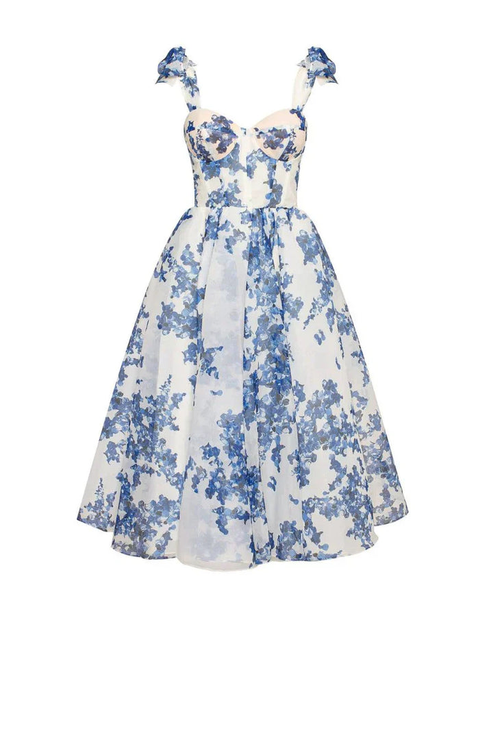 Enchanting Blue Flower Dress - Luna-White with Blue-S-Nora Luxe