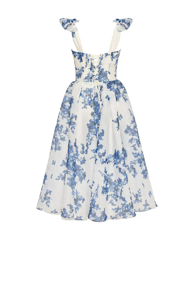 Enchanting Blue Flower Dress - Luna-White with Blue-S-Nora Luxe