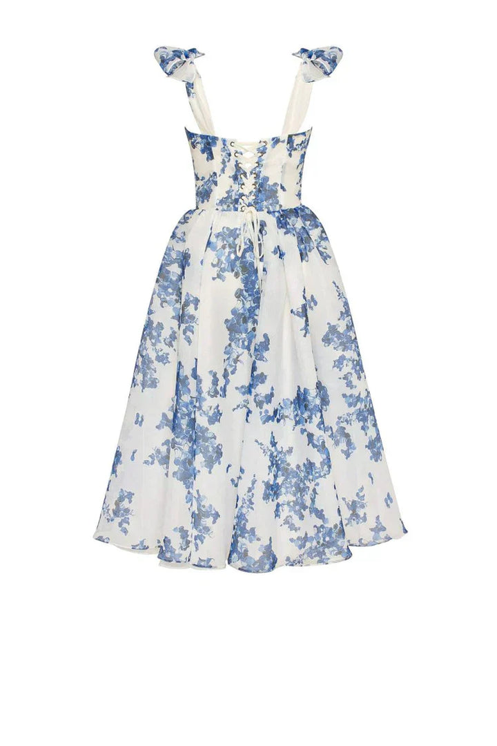 Enchanting Blue Flower Dress - Luna-White with Blue-S-Nora Luxe