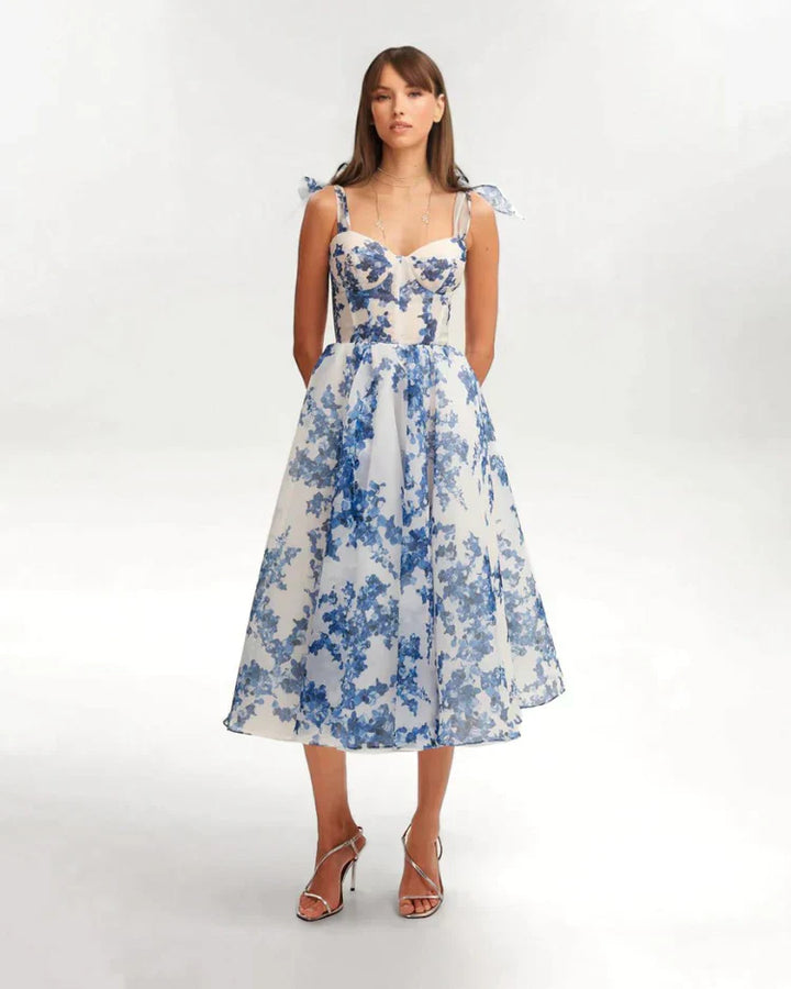 Enchanting Blue Flower Dress - Luna-White with Blue-S-Nora Luxe