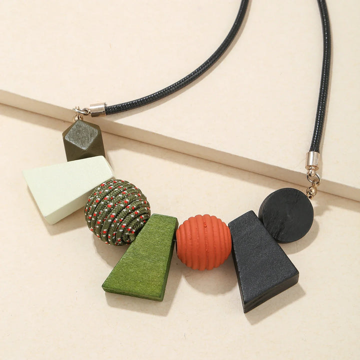 Ethnic Geometric Wooden Bead Necklace-BLACK-Nora Luxe