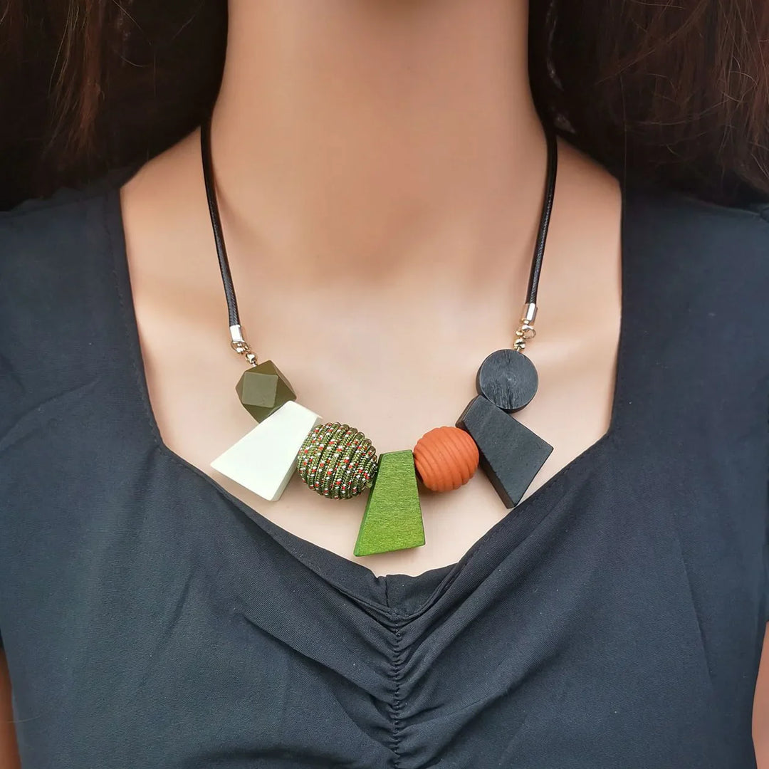 Ethnic Geometric Wooden Bead Necklace-BLACK-Nora Luxe
