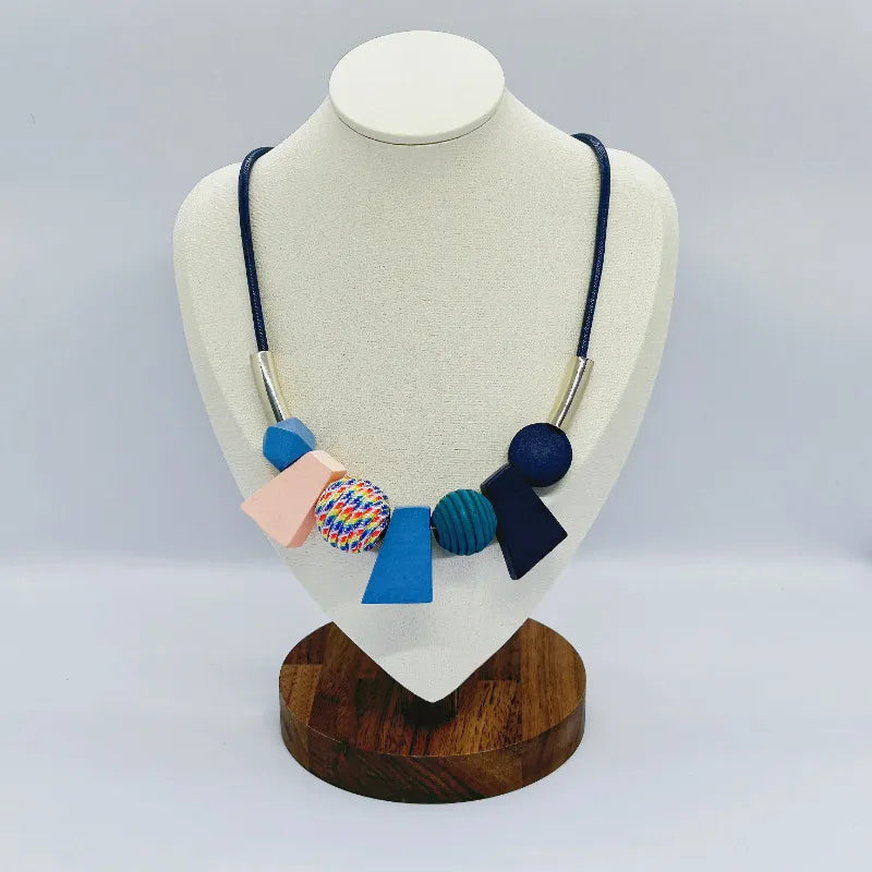 Ethnic Geometric Wooden Bead Necklace-BLUE-Nora Luxe