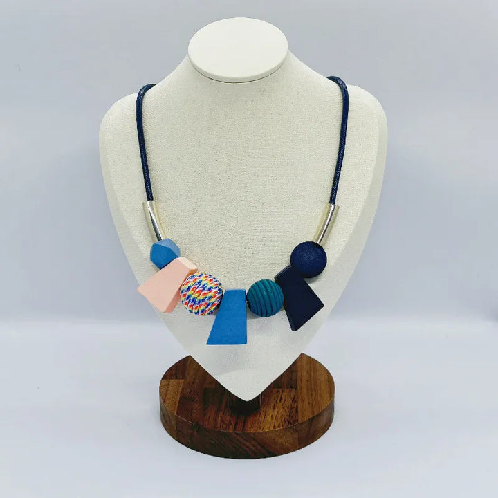 Ethnic Geometric Wooden Bead Necklace-BLUE-Nora Luxe