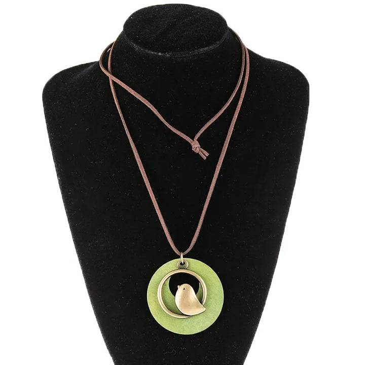 Ethnic Wooden Bird Necklace | Unique Design-GREEN-Nora Luxe