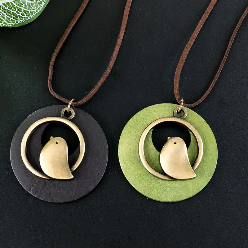 Ethnic Wooden Bird Necklace | Unique Design-GREEN-Nora Luxe