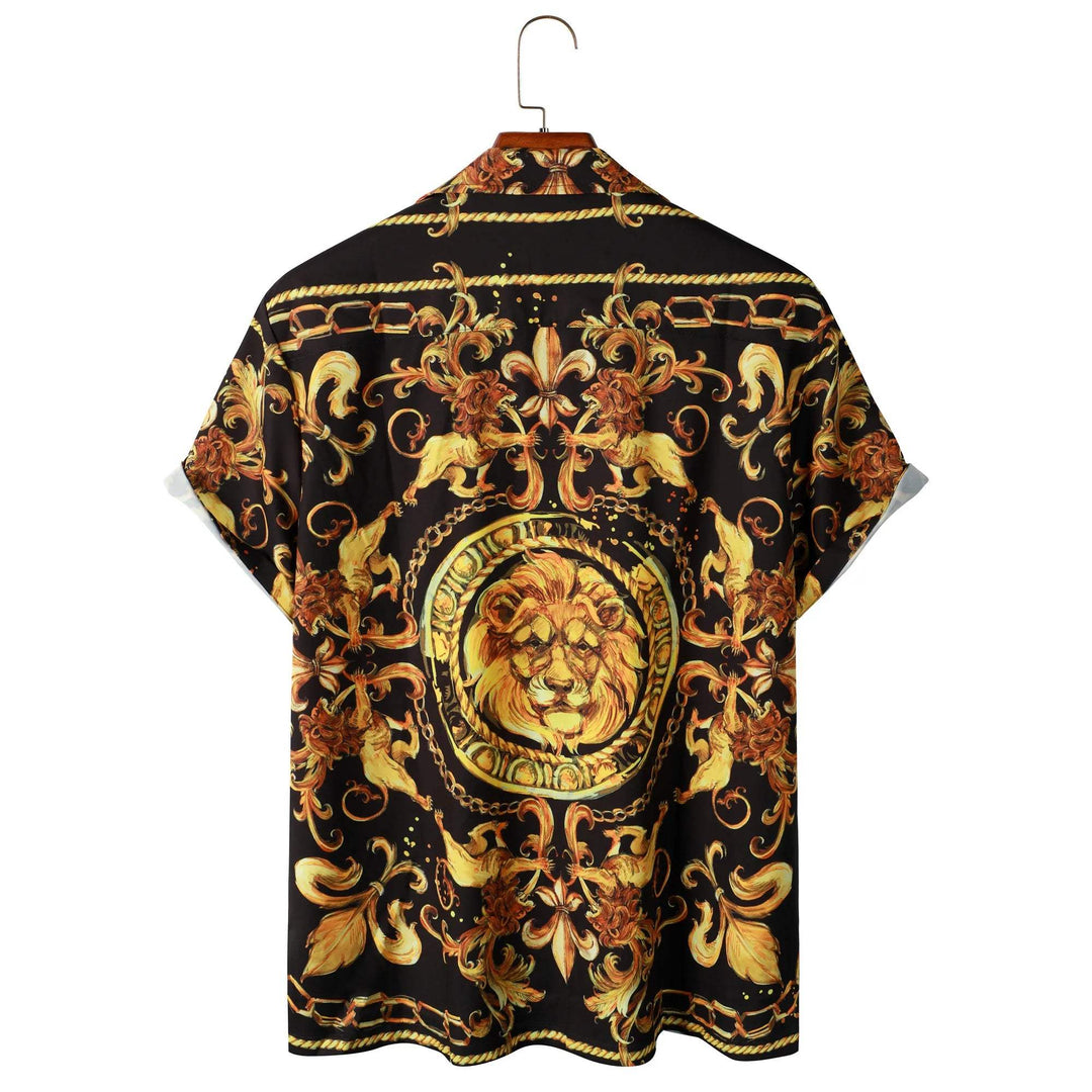 Expressive men's short-sleeved shirt with baroque pattern & lion motif – Dante-M-Nora Luxe