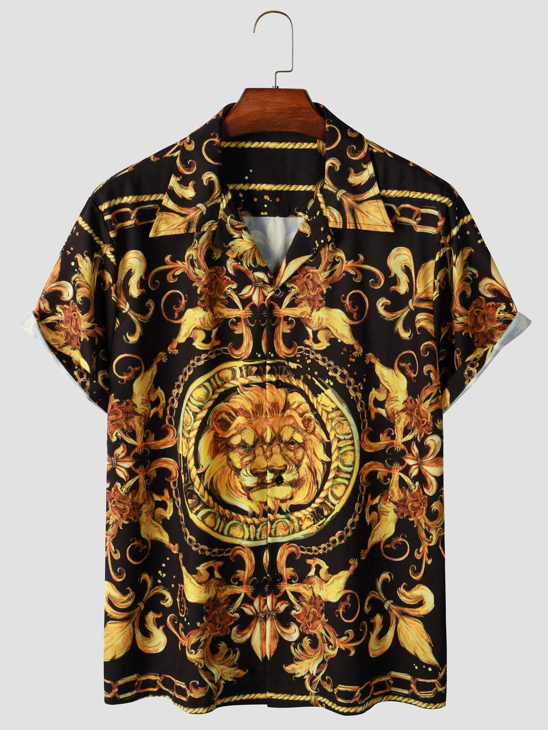 Expressive men's short-sleeved shirt with baroque pattern & lion motif – Dante-M-Nora Luxe