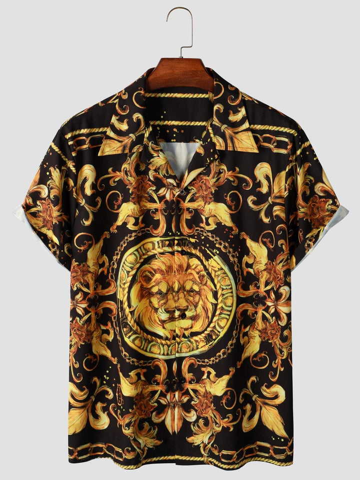 Expressive men's short-sleeved shirt with baroque pattern & lion motif – Dante-M-Nora Luxe