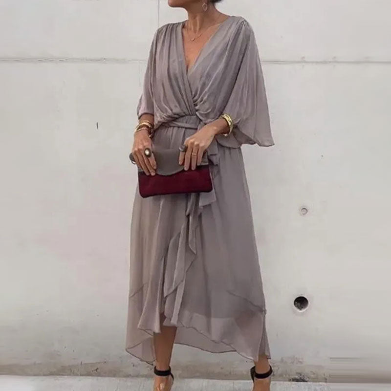 Fallaway Maxi Dress with V-Neck – Elara-Grey-M-The Livary