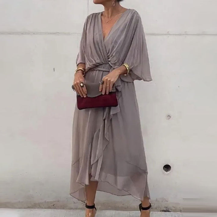 Fallaway Maxi Dress with V-Neck – Elara-Grey-M-The Livary