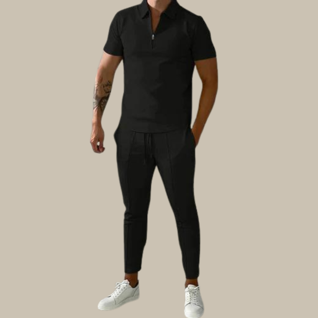 Fashionable 2-Piece Men's Set | Nova Polo and Trousers-Black-S-Nora Luxe