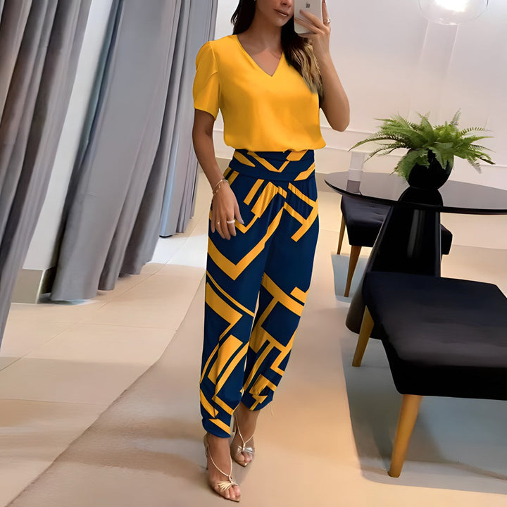 Fashionable blouse set with trousers – Comfort & Style combined – Fabienne-Yellow-Blue Print-S-Nora Luxe