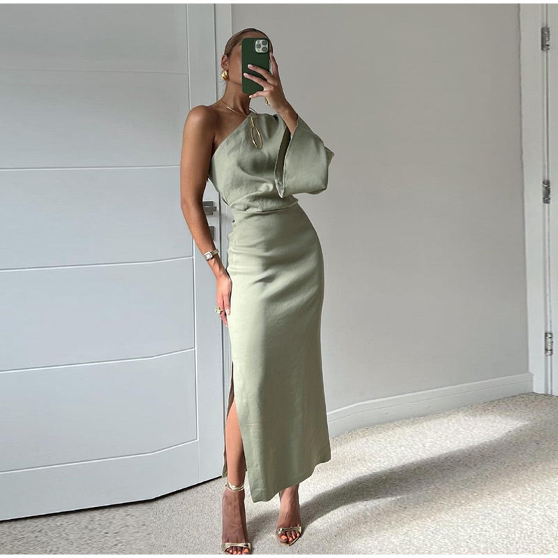 Fashionable Casual Pleated Dress - Samantha-Grey Green-XS-Nora Luxe