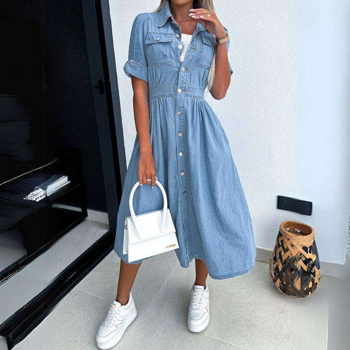 Fashionable Denim Dress with Short Sleeves - DenimCharm-S-Nora Luxe