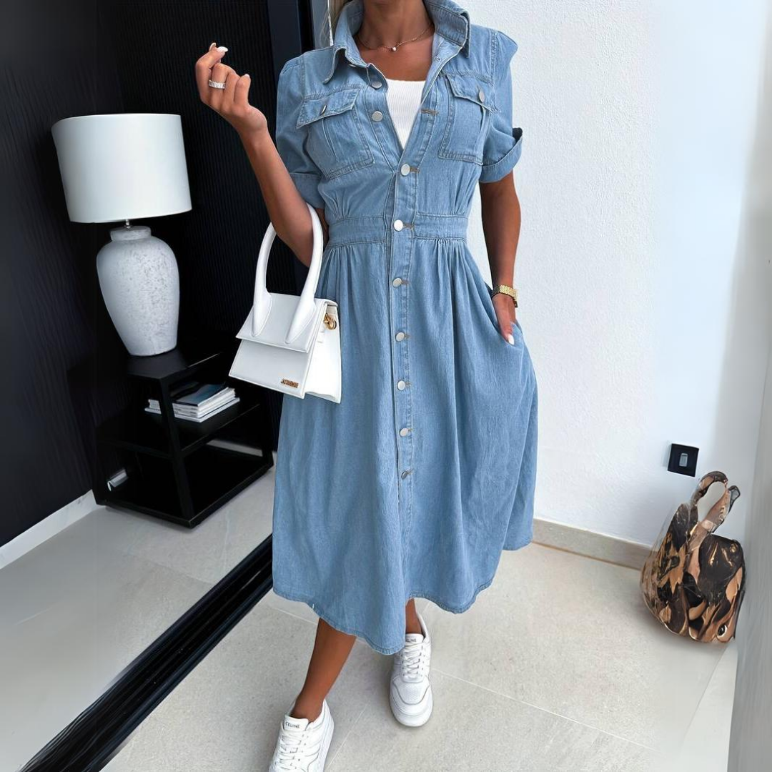 Fashionable Denim Dress with Short Sleeves - DenimCharm-S-Nora Luxe