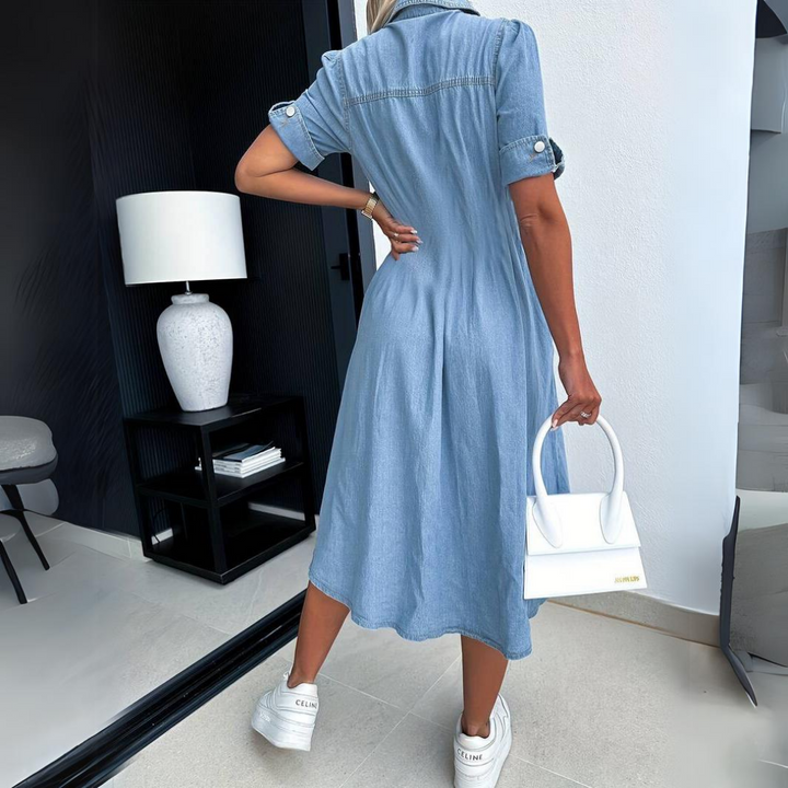 Fashionable Denim Dress with Short Sleeves - DenimCharm-S-Nora Luxe