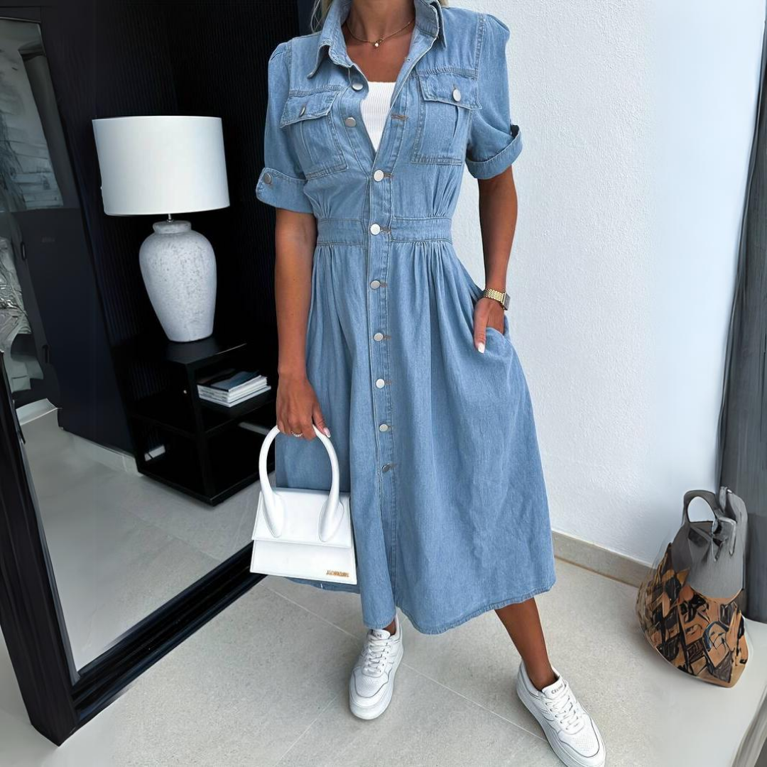 Fashionable Denim Dress with Short Sleeves - DenimCharm-S-Nora Luxe