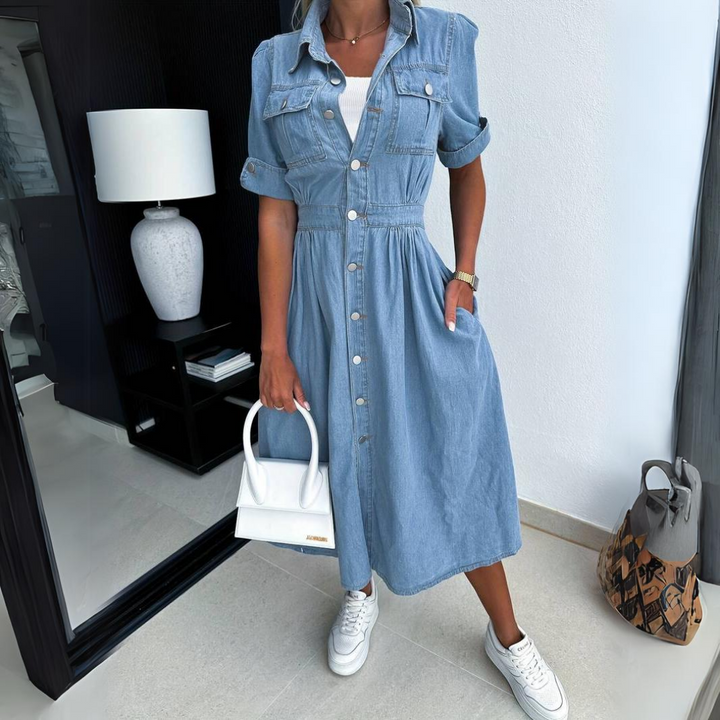 Fashionable Denim Dress with Short Sleeves - DenimCharm-S-Nora Luxe