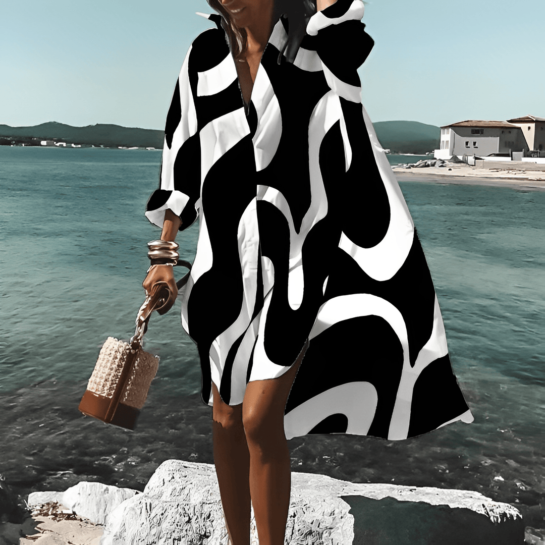 Fashionable Print Midi Dress with Unique Pattern - Mia Belle-Black/White-S-50% DISCOUNT!-Nora Luxe