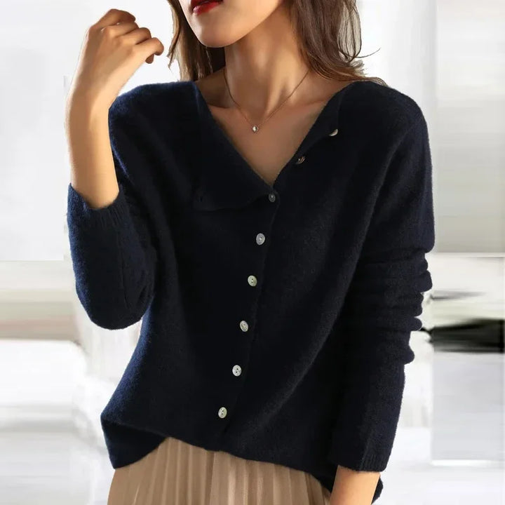 Fashionable Sweater with Stylish Button Closure - Elisa-S-Gray-Nora Luxe