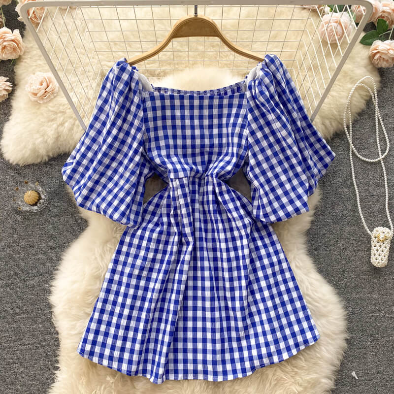 Fashionable women's dress with square neckline & puff sleeves - Selina-Blue-Nora Luxe