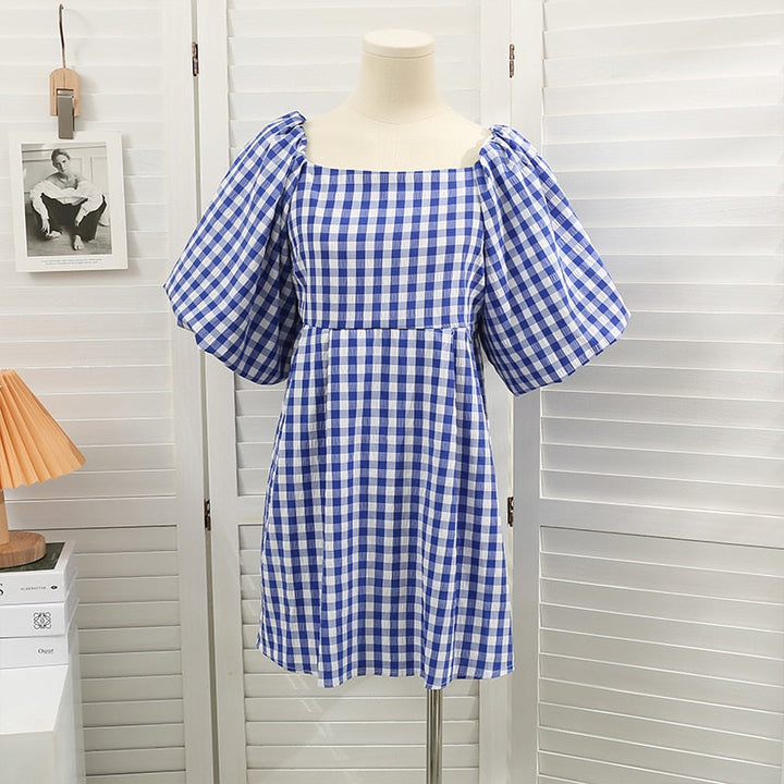 Fashionable women's dress with square neckline & puff sleeves - Selina-Green-Nora Luxe