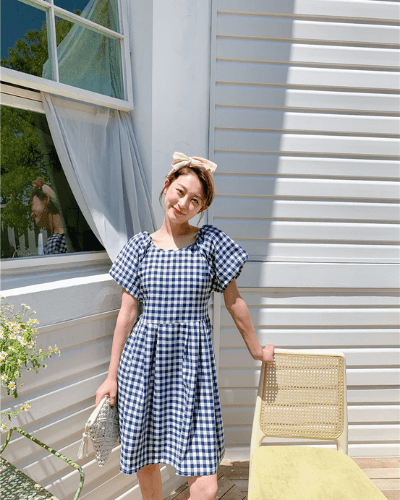 Fashionable women's dress with square neckline & puff sleeves - Selina-Green-Nora Luxe