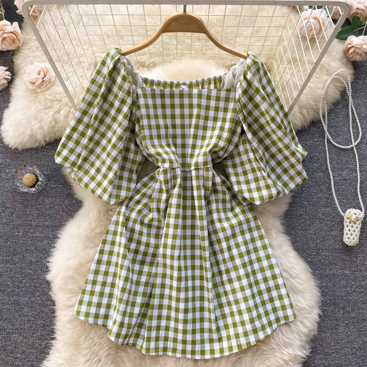 Fashionable women's dress with square neckline & puff sleeves - Selina-Green-Nora Luxe