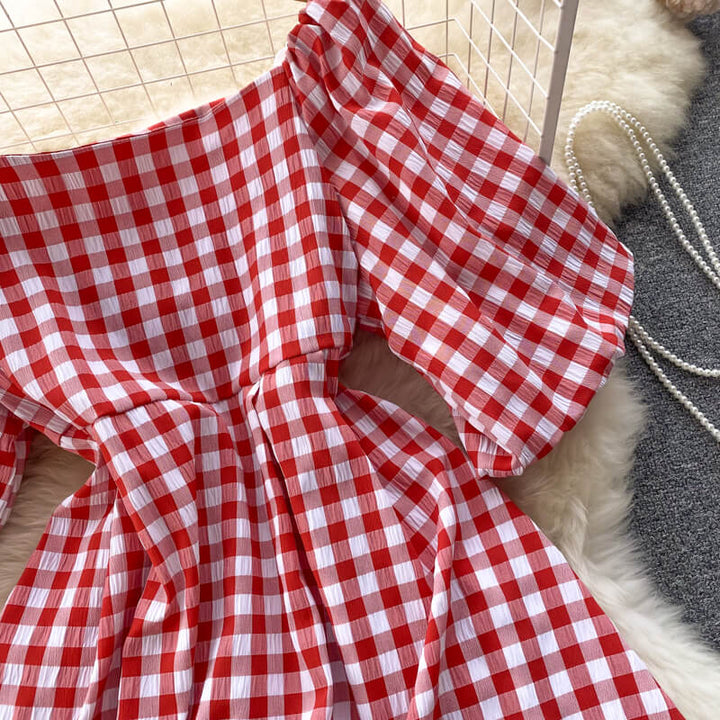 Fashionable women's dress with square neckline & puff sleeves - Selina-Green-Nora Luxe